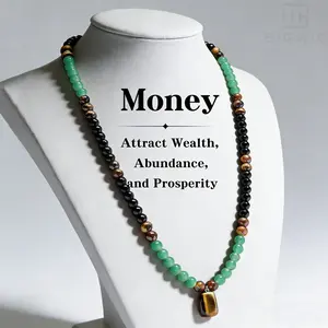 Green Aventurine & Tiger Eye Money Attraction Necklace, Natural Healing Crystal Pendant for Wealth & Prosperity, Long Chain Sweater Necklace, Ideal Gift Jewelry for Men and Women, Jewelry Charms for Anniversary, Vacation &Theme Parties