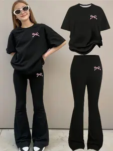 Summer Fashion Girls' Bow Print Short Sleeve Loose Top & Tight Fit Pants Set, Suits, Two-Piece Matching Design, Perfect for Outdoor Activities
