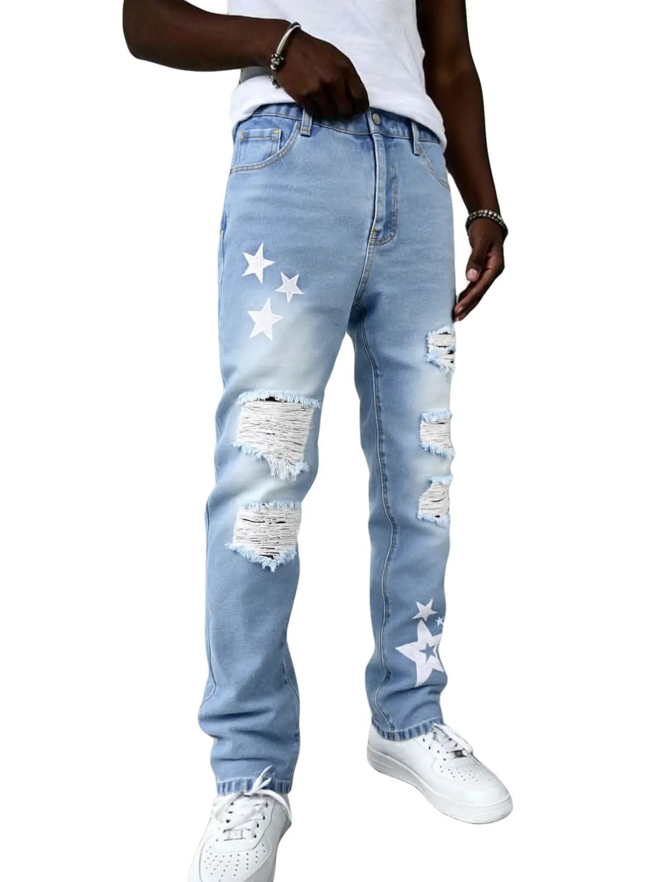 Men's Slim-Fit Denim Jeans - Menswear Trousers with Ripped Detail, Washed Raw Hem, Multiple Pockets, Mid Waist, Breathable, Stylish Straight Cut, Machine Washable, All Seasons Casual Streetwear Fashion Apparel