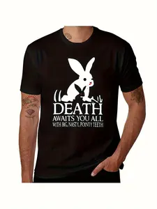Monty Python Humorous Graphic T-Shirt - Black with White 'Death Awaits You' Slogan And Rabbit Design Regular Fit (Sizes S-6XL) - Machine Washable Comedy Theme T-Shirt Essential for Monty Python Fans - Suitable for All Seasons Fan Merch, Plus Size
