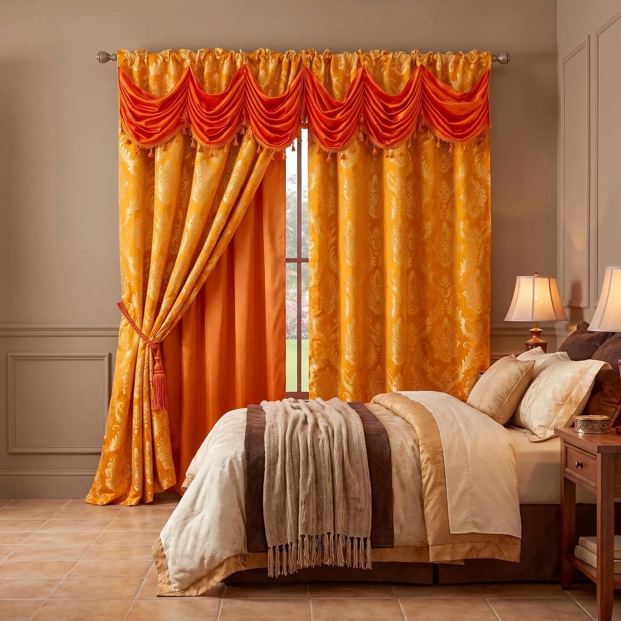 Vintage Polyester 2-Panel Double Layer Jacquard Rod Pocket Blackout Window Curtains with Waterfall Valance, 52x(84/95/102/110)in Wrinkle-Resistant Anti-Shrink Premium Bedroom Decor Household Textile Accessory, JV1