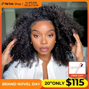 [Half Wig]Alipearl Wig Kinky Curly Half Wig Upgrade With Drawstring Cap Invisible Hairline Human Hair Wigs No Lace Seamless Flip Over Beginner Friendly NoveTopFainds