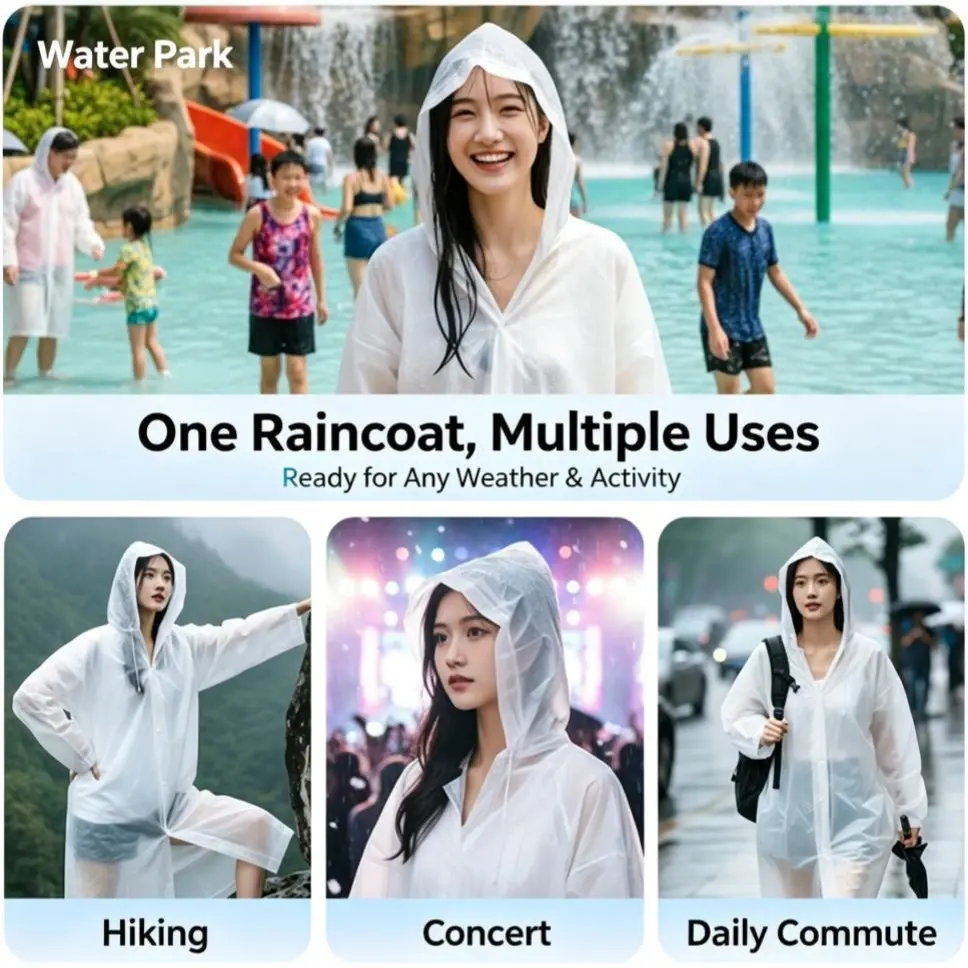 Adult Hooded Reusable EVA Waterproof Rain Poncho, Lightweight Loose-Fit Rainwear for Travel, Hiking, Daily Commute, White