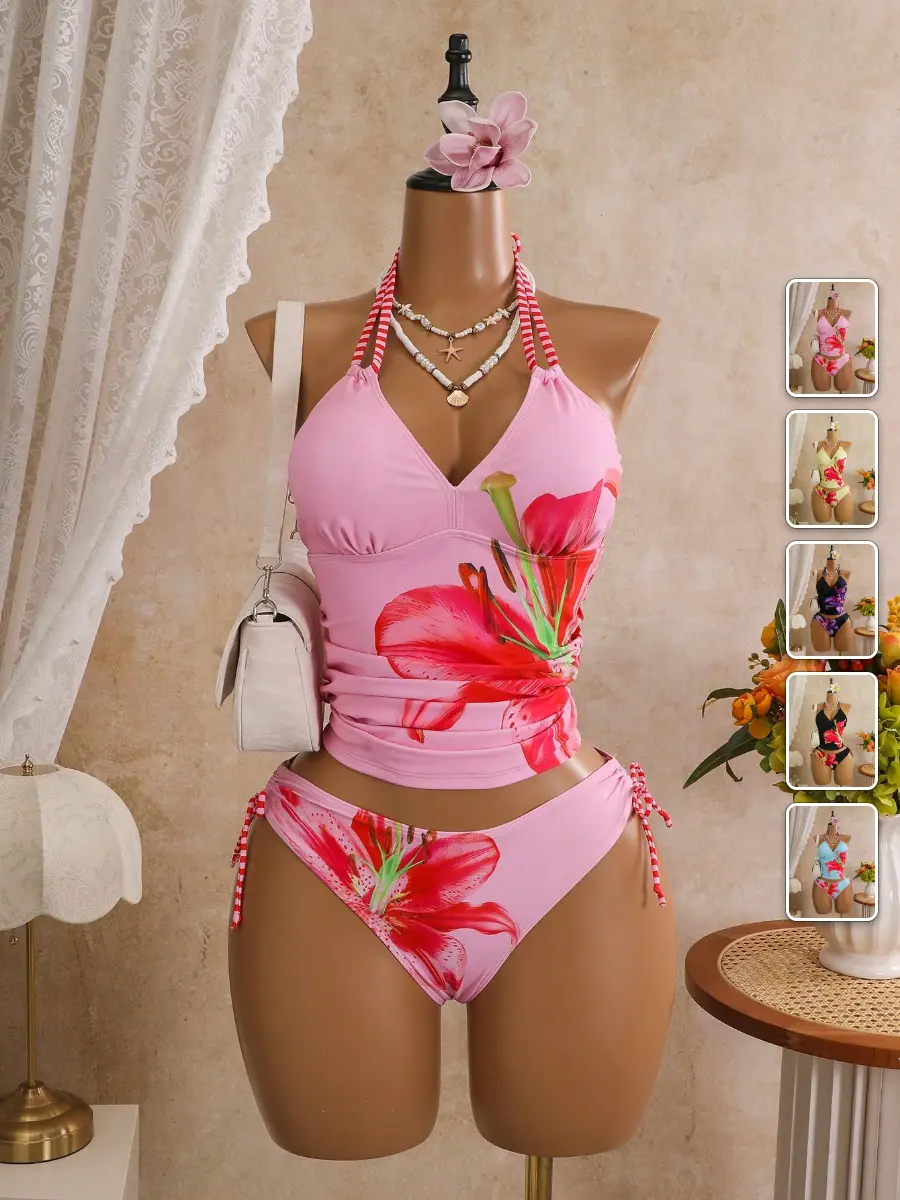 Skirt Tankini Set Lily Print Drawstring Side Beach Vacation Summer Outfit