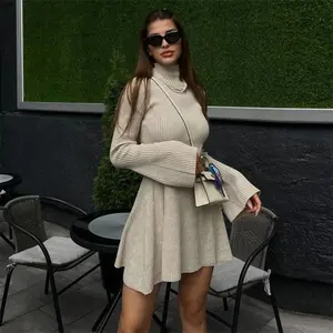 Long-sleeved Knitted Turtleneck Dress Solid Color A Word Autumn and Winter Hip-wrapped Short Sweater Dresses for Women