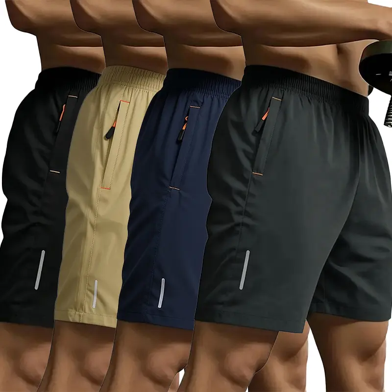 Men's 4-Pack Summer Activewear Shorts, 4-Way Stretch, Quick Drying, Breathable, Drawstring, Zippered Pockets, Above the Knee, for Running, Outdoor Activities, 4-Way Stretch Men's Shorts