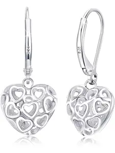 2 Pcs 925 Sterling Silver Ball Heart Dangle Earrings for Women Lightweight Vintage Drop Dangle Earrings Leverback Earrings Heart Shaped Earrings Jewelry Gifts for Her
