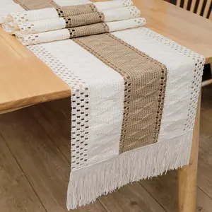 Boho Table Runner 72 Inches Long for Thanksgiving Christmas Home Decor Farmhouse Table Runner Cream & Brown Rustic Macrame for Bohemian Dining Bedroom Decor Bridal Shower (12x72 Inches)