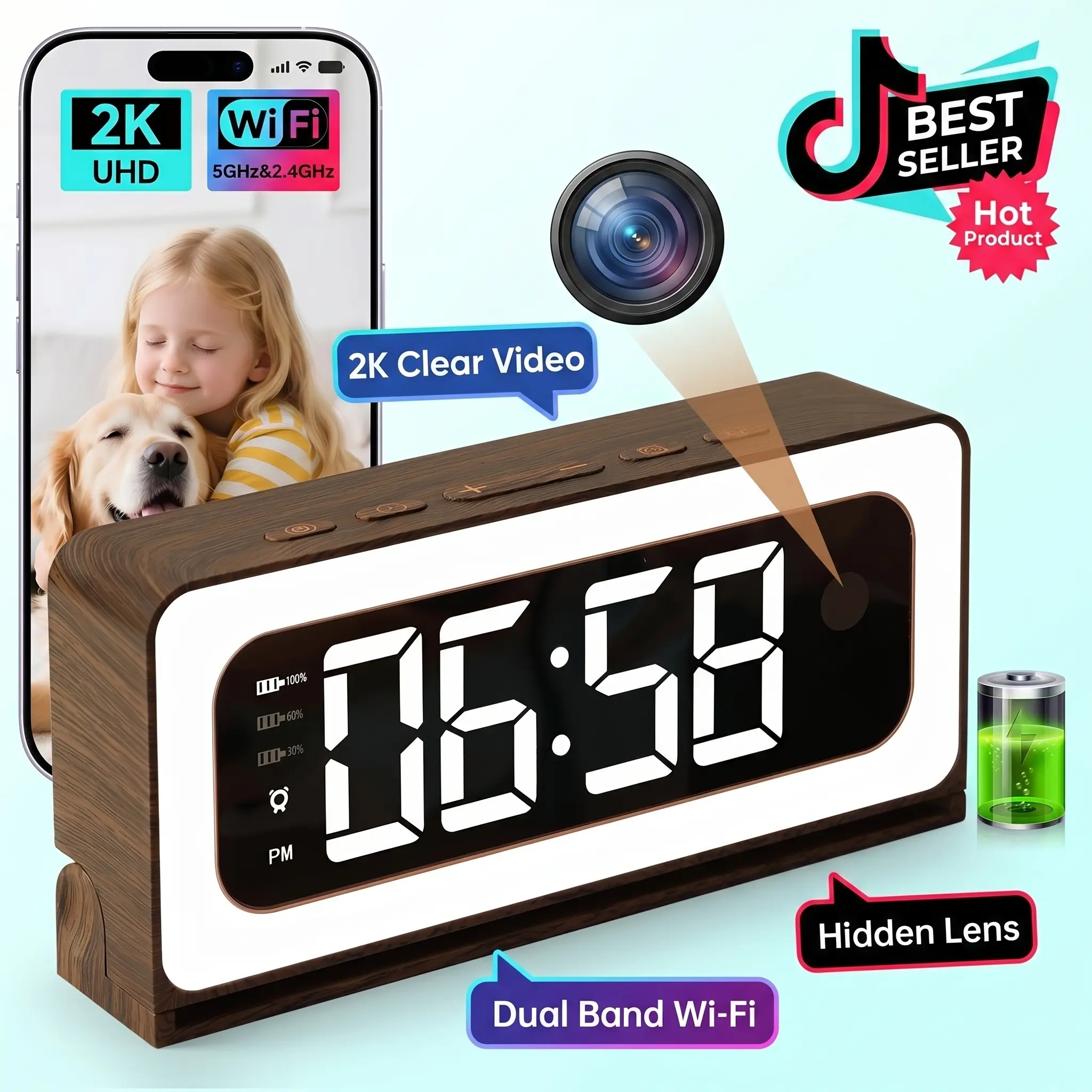 2K Smart Indoor Clock Camera,  Nanny Cam, Indoor Security Camera for Home, 5G & 2.4G WiFi, Full Color Night Vision, Motion Detection Alerts, Alarm Siren, Local SD Storage, Wood Grain Design