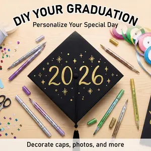 Metallic Marker Pens for Graduation Cap DIY & Guest Book - Dual Tip Brush & Fine Point Craftwork Pens, Permanent Shimmering Markers for Signing Mortarboard, Fabric, Card Making GraduationGift