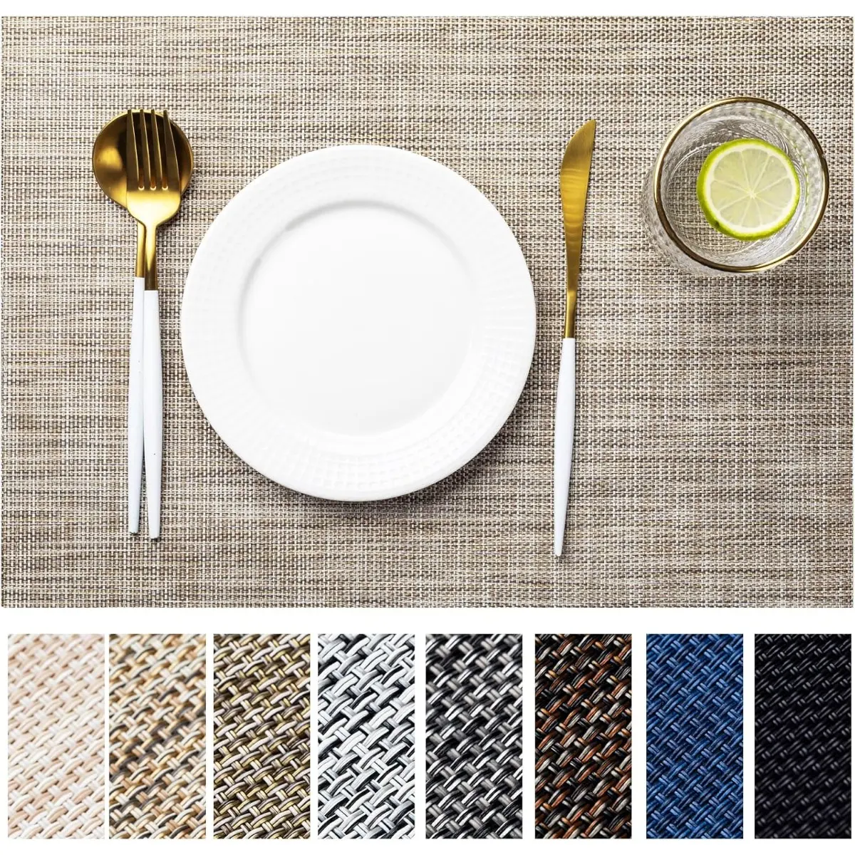 4-Piece Classic Stylish Vinyl-Plastic Woven Tableware Set with Rectangle Household Kitchen Decorative Plastic Placemats, Thicker Wipeable Washable Option, Michelin Restaurant Choice for Indoor-Outdoor Dining (Caramel), Household Placemat