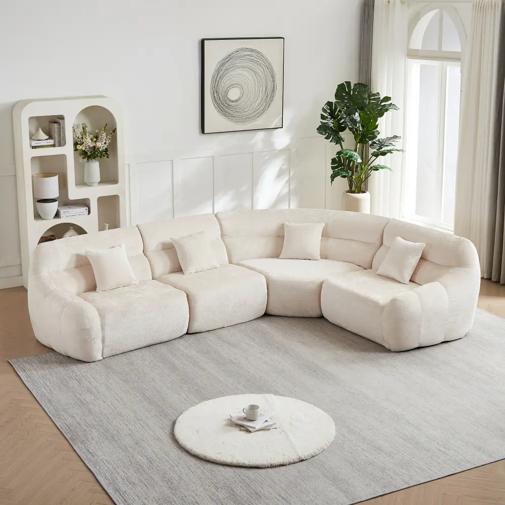 123.2-in Modern Luxury Curved Corner Chenille Upholstered Sectional Sofa, Modular Cloud High-Back Oversized 4-Seater Beige L-Shaped Living Room Furniture with 4 Pillows, Big Drawers, Leather Linen Ottoman Futon, No Assembly Required, Modern Chenille Couch