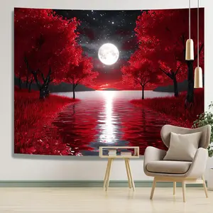 1PC,2D Flat Red Moonlit Night Red Mangrove Lake Scenery Tapestry, Bedroom And Living Room Decoration Cloth, Art Wall Cloth Background Cloth, Suitable For Home Decoration, Adding A Romantic Atmosphe, Tapestry Wall Mural, Decor Items,summervibes