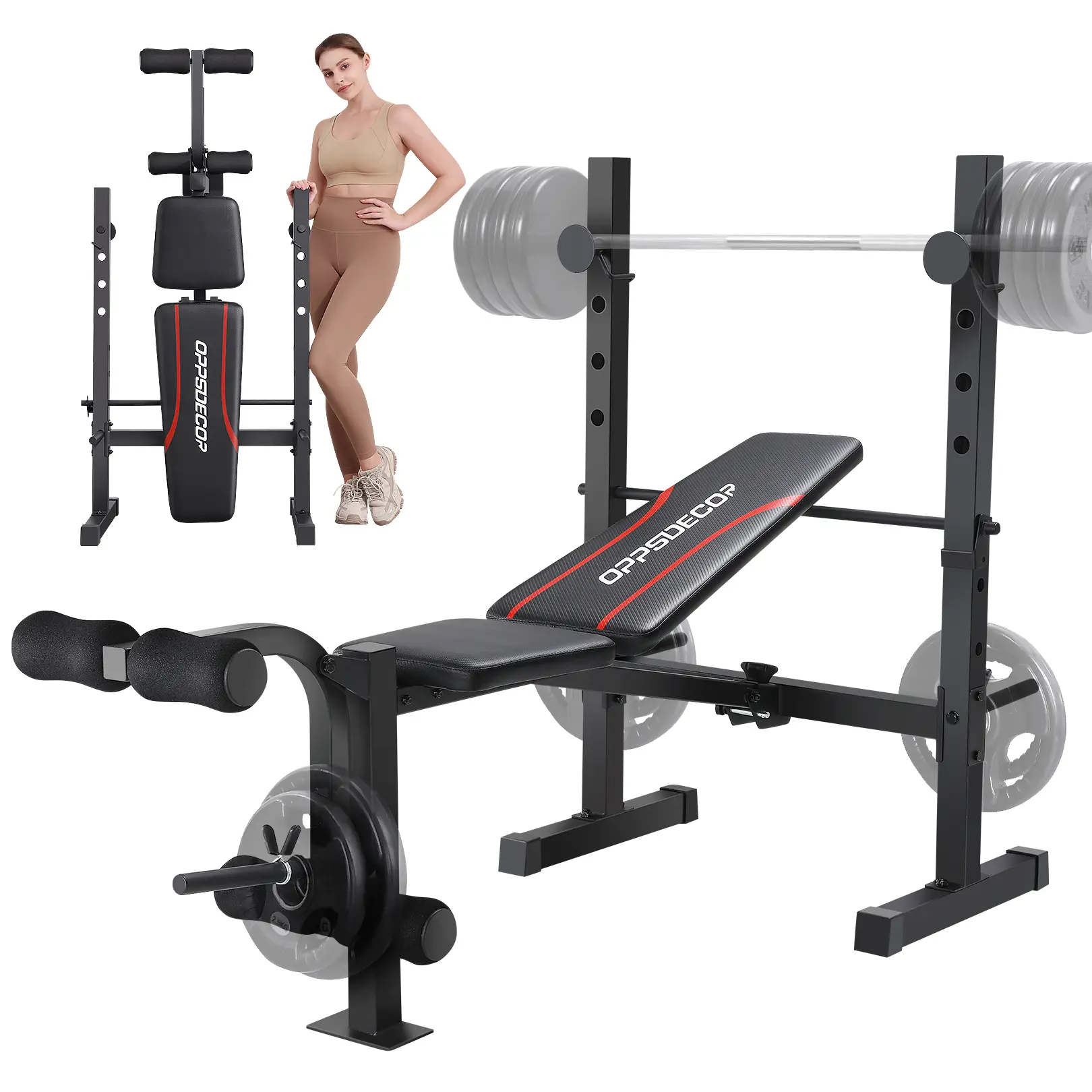 OppsDecor Adjustable Weight Bench Set, 600-900lbs Capacity with Squat Rack & Leg Extension, Folding Total Body Workout Bench for Home Gym Barbell Rack, Home Fitness Equipment,SummerWins, All-In-One Adjustable Benches,father'sdaygifts