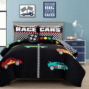 Lush Decor Racing Cars Quilt Set 4Pc or 5Pc - Microfibre Cartoon Pattern Blanket - Twin/Full/Queen Sizes with Reversible Shams & Decorative Pillows - OEKO-TEX Certified