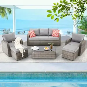 6 Pieces Patio Furniture Sets, All Weather Wicker Patio Conversation Sets with Storage Glass Coffee Table, Outdoor Sectional Sofa w/Ottomans, Cushions & Pillows for Garden, Lawn, Balcony, Gray