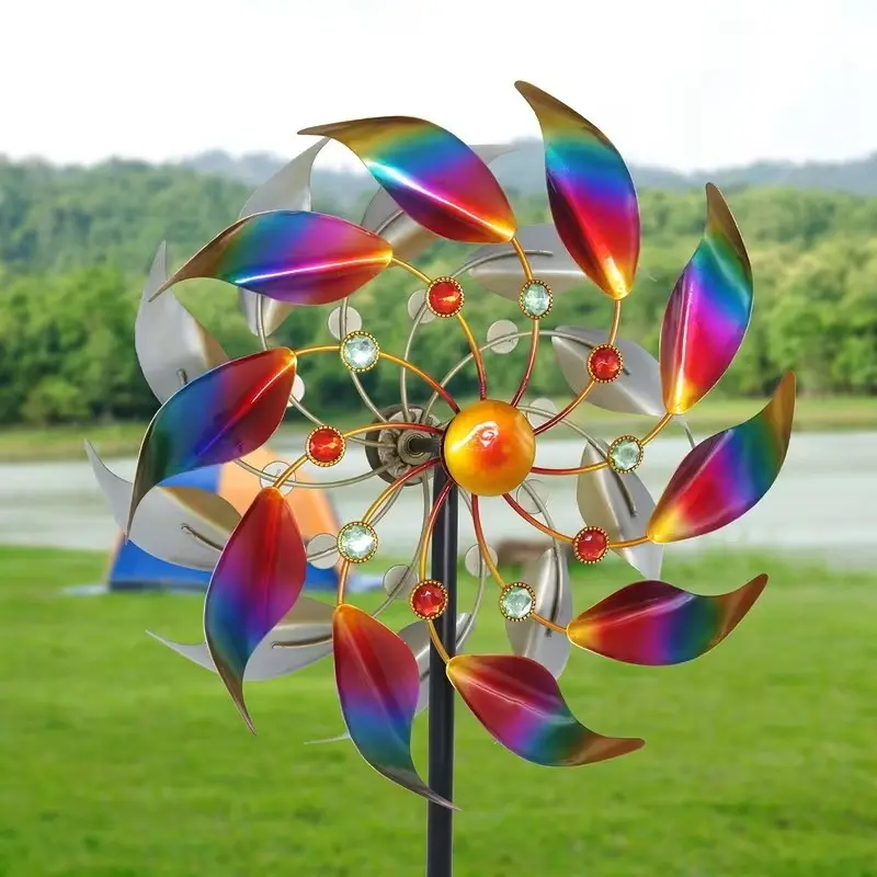 Outdoor Colorful Windmill Spinner with Ground Stake, Iron Dual-Sided Windmill for Garden Yard Lawn Decoration, Gift, Garden Sculptures Statues