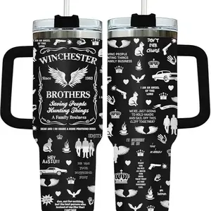 1 Piece Lyrichard 40 oz < Supernatural > TV Series Inspired Thermos Cup - Retro Winchester Brothers Design (With Handle, Leak-Proof Double-Wall Insulation, Can Keep Drinks Hot or Cold for a Long Time, 304 Stainless Steel Travel Cup