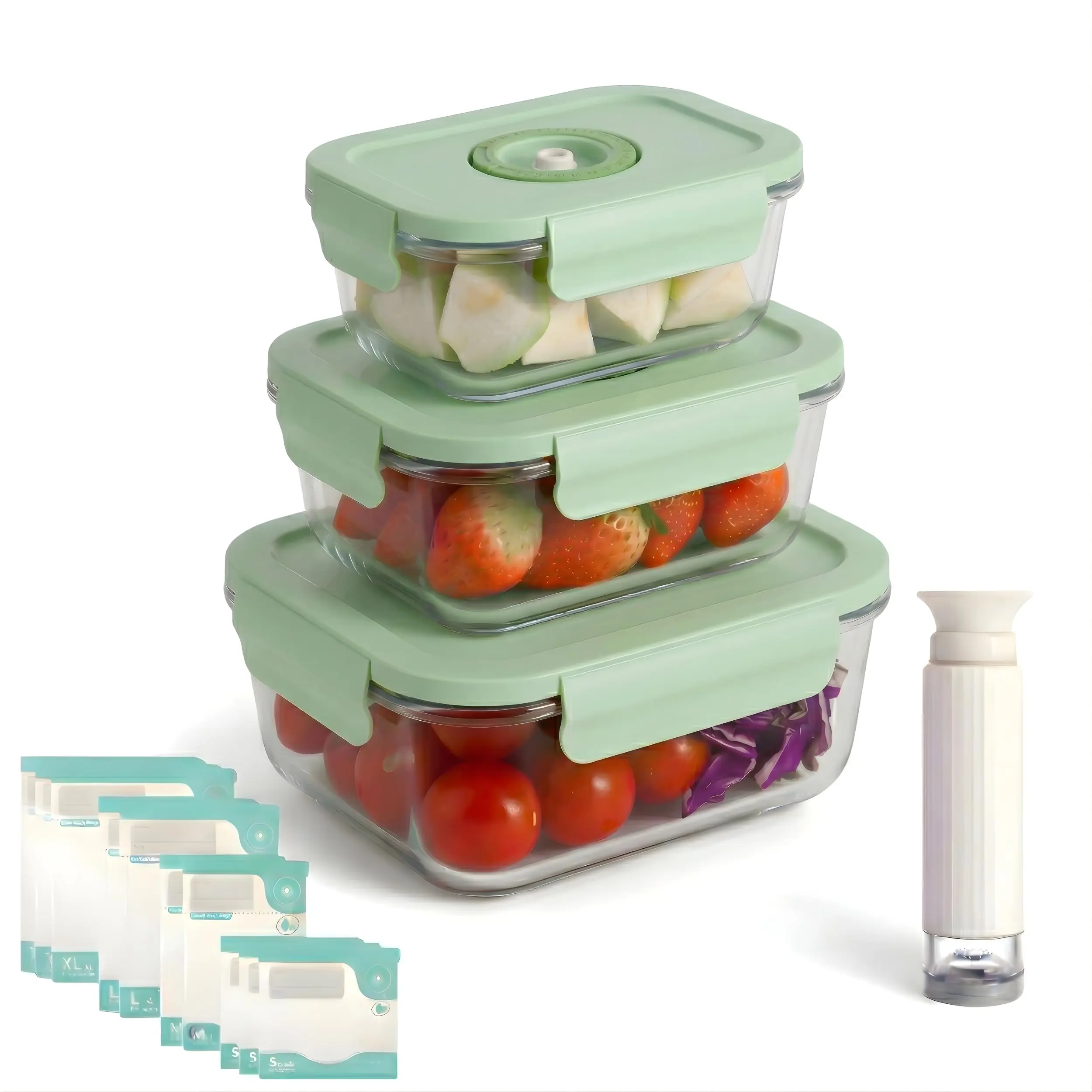 FreshSeal - Glass Vacuum Sealable Container Set, 3 Rectangular Containers, 10 Bags, Hand Pump