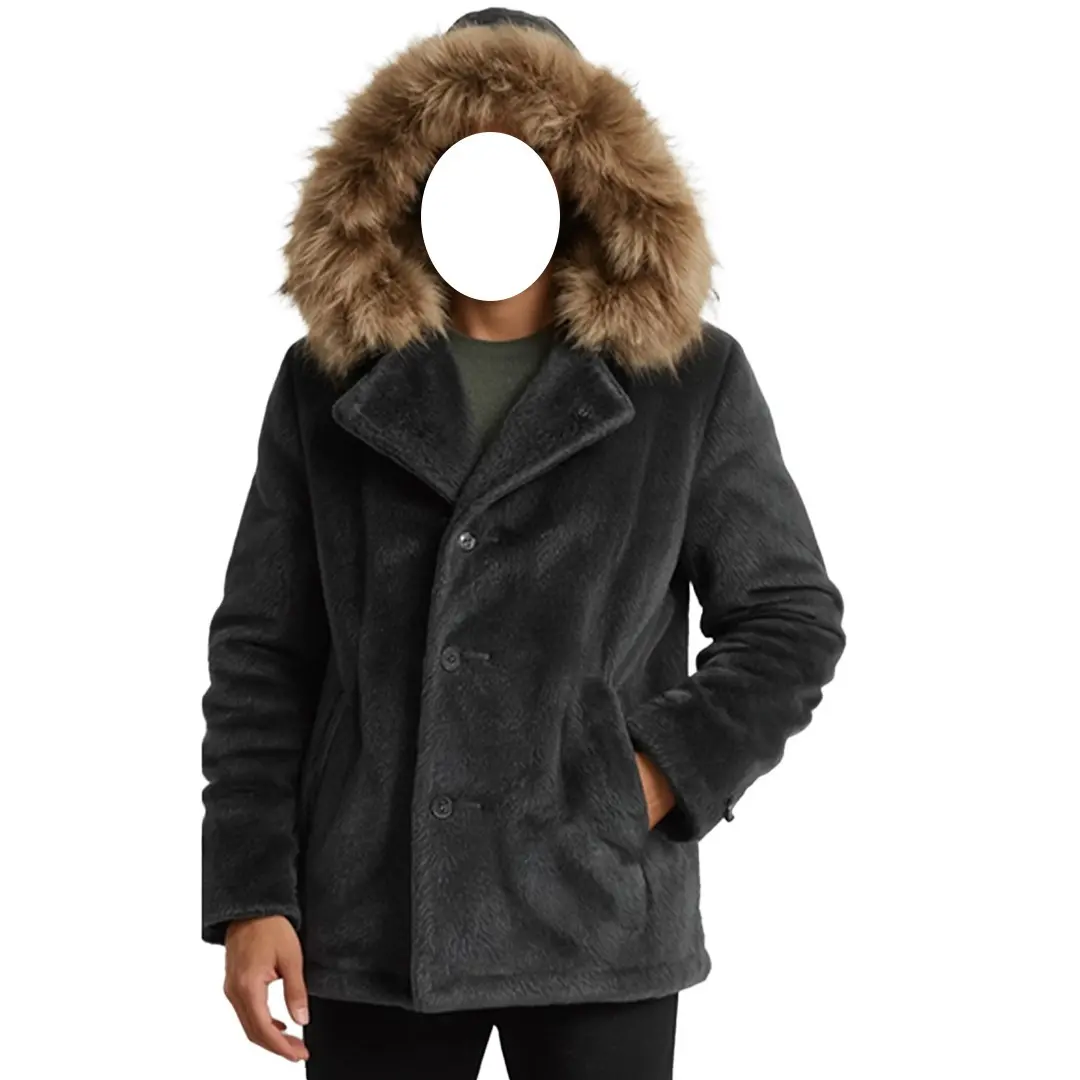 "Men's Black Shearling Coat with Genuine Fur-Trimmed Hood"