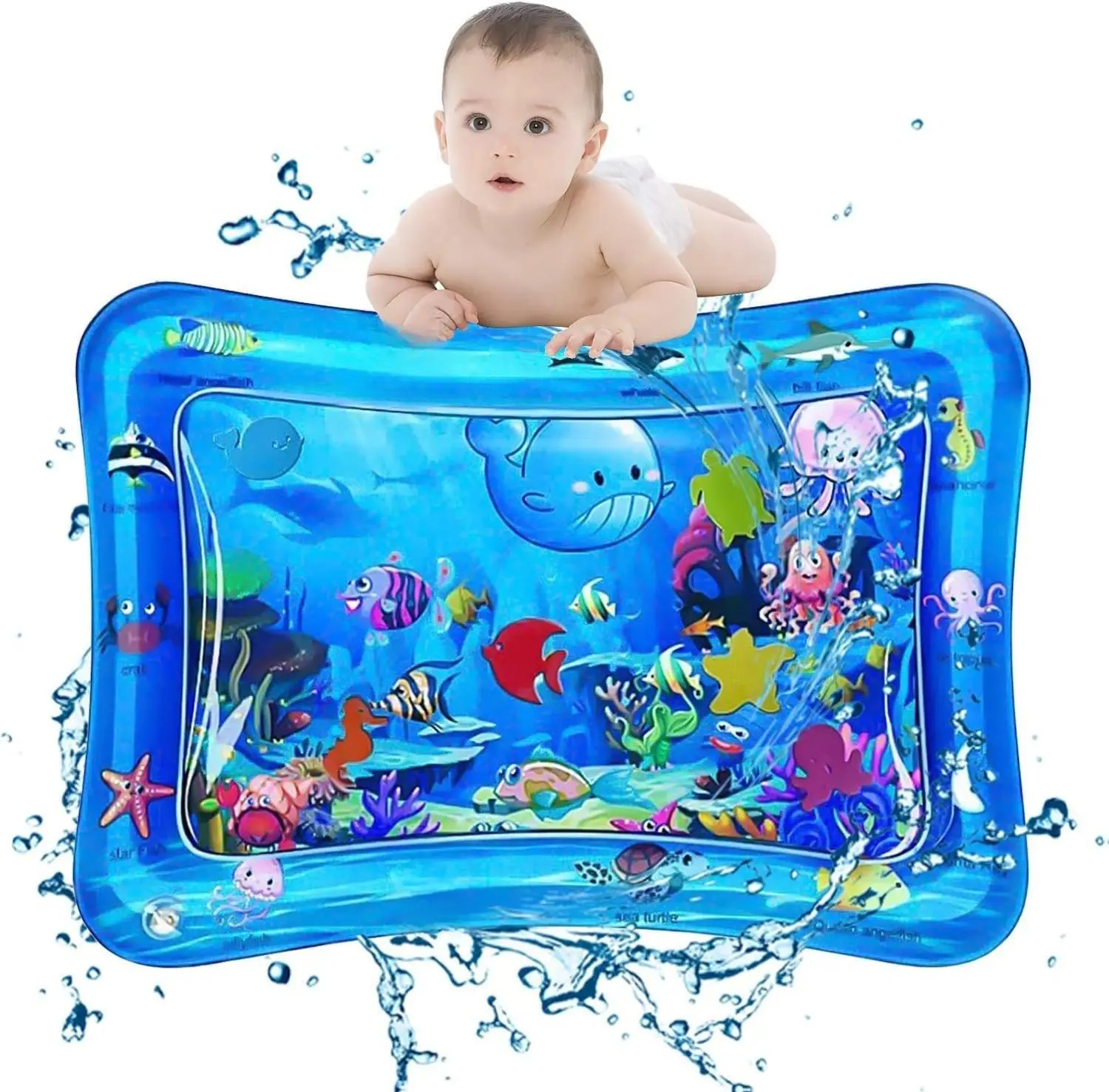 Inflatable Baby Water Play Mat, PVC Safe & Waterproof Ocean Theme Development Aid with Fishies, All-Season Tummy Time Toy for 3-48 Months Infants Toddlers