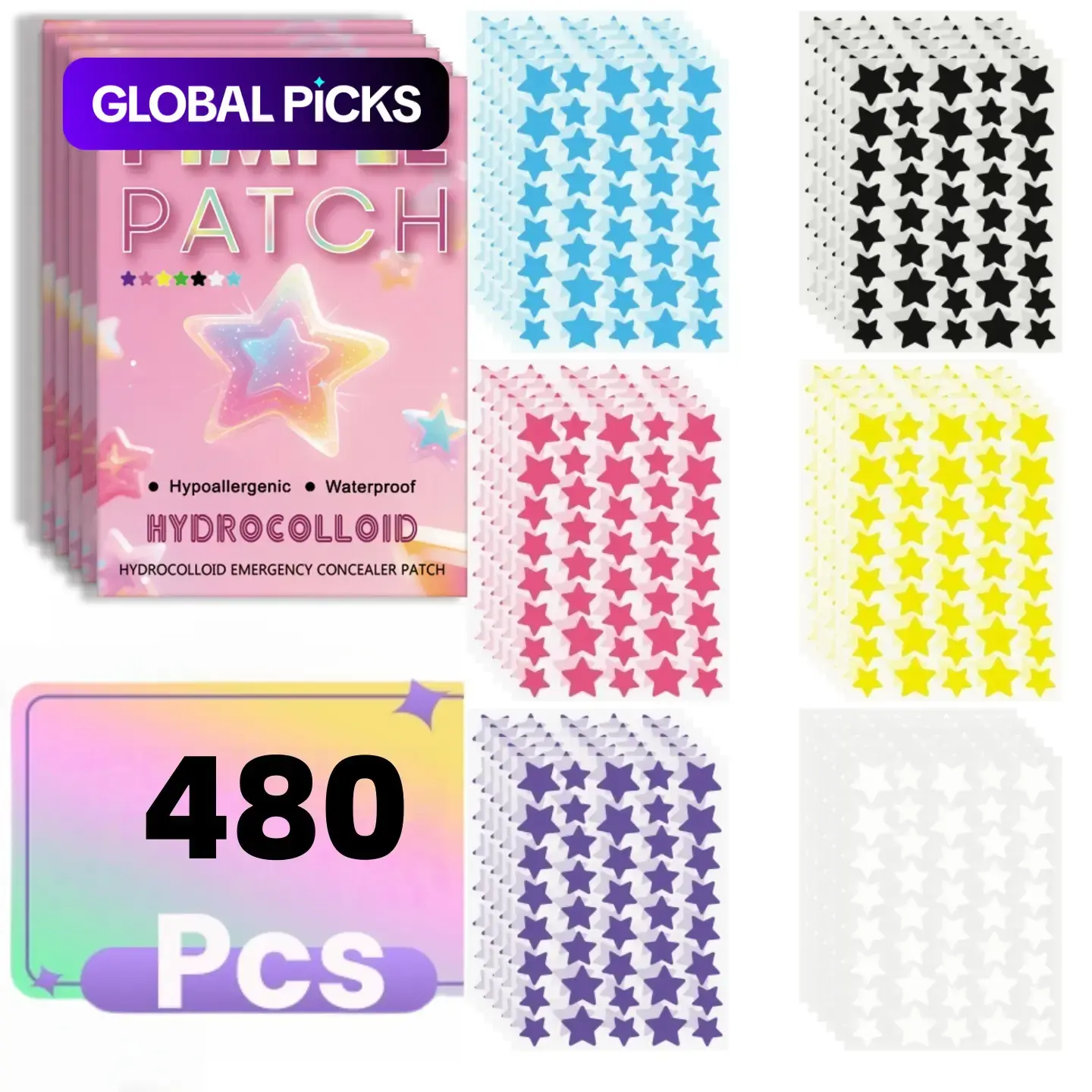 480pcs/set Facial Hydrocolloid Acne Patches, Blemish Patches, Cute Star-Shaped Acne Pimple Patch, Alcohol-Free, Odorless, Gentle and Non-Irritating Acne Spot Stickers, Acne Clearing Products for All Skin Types #GLOBAL PICKS