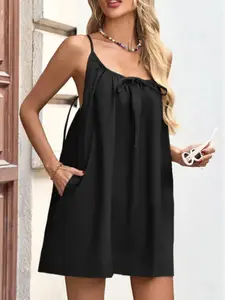 Women's Plain Ruched Backless Halter Short Dress, Beach Vacation Skirt with Pockets, Elegant Chic Casual Sleepwear, Loungewear, Loose Fit Home Dress