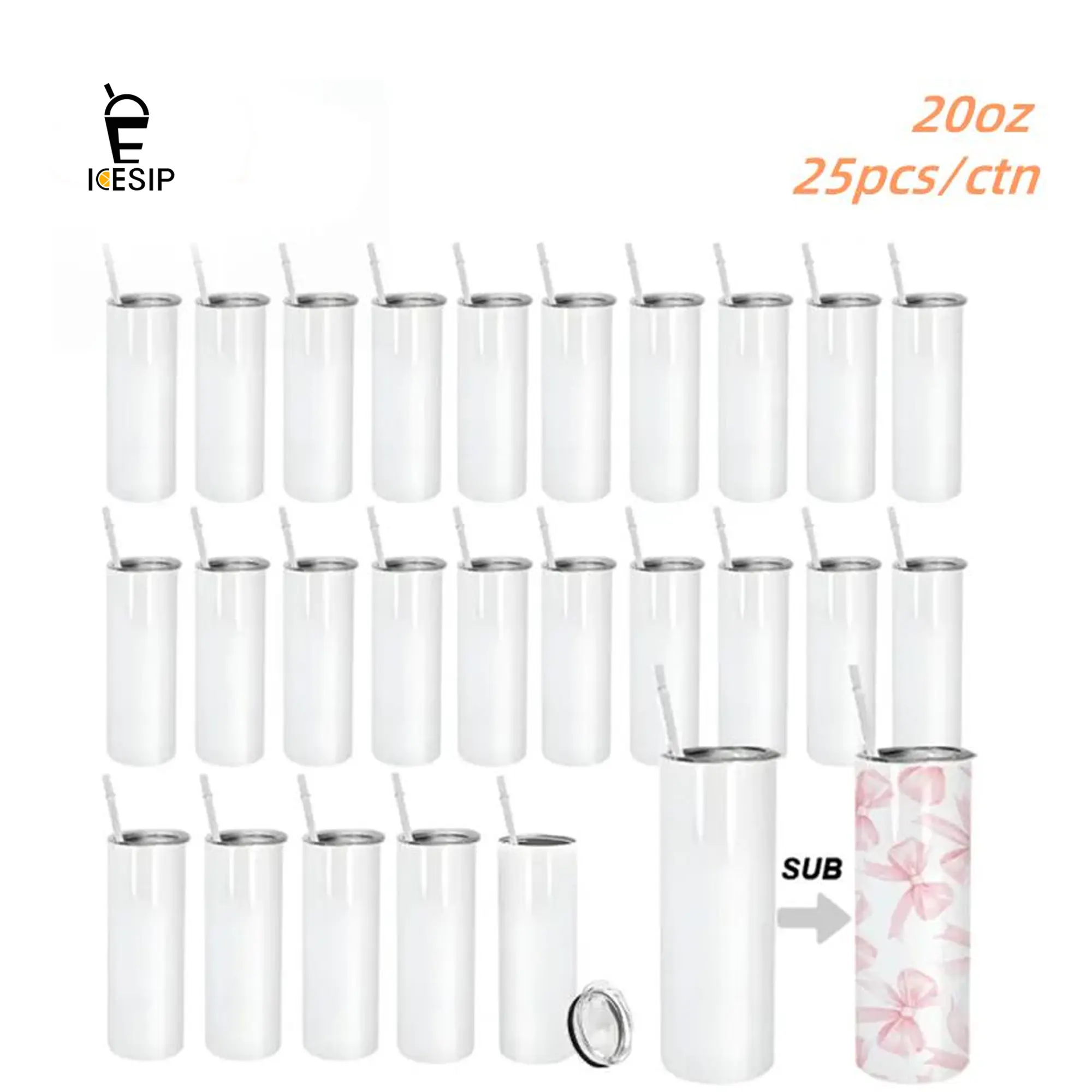 ICESIP 25pcs/ctn 20oz Reusable Stainless Steel Skinny Sublimation Tumbler Blanks, White Bulk Cups with Lid and Straw, Wholesale for Tumbler Press Machine/Oven, Great Gift for Birthdays