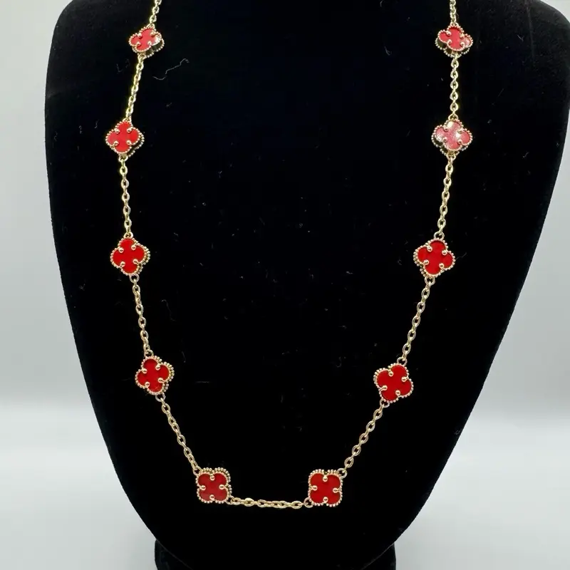 Gargantilla de flores rojas oro 14K talla 18”