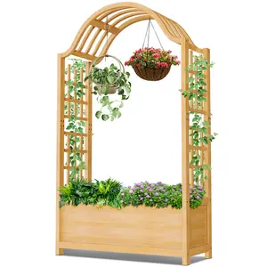 【Summervibes】Lilypelle 63" Raised Garden Bed, Wooden Planter Box w/Hanging Roof & Drainage Holes, Indoor Outdoor Elevated Planter for Vine, Climbing Plants, Flower