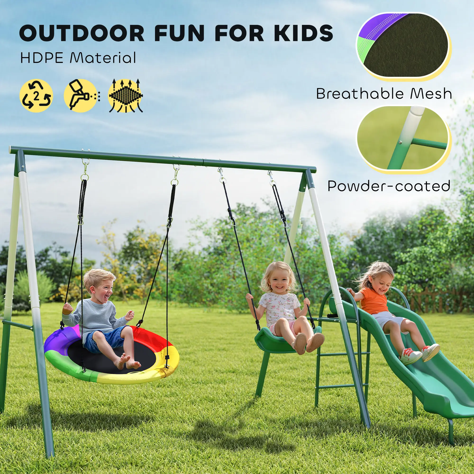 #Summervibe Outsunny Swing Set for Backyard, Heavy-Duty A-Frame Stand Outdoor Playset for Kids, with Saucer Swing, Slide, Swing Seats, Glider Set,sohochic
