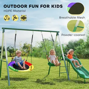 #dealsforyoudays Outsunny Swing Set for Backyard, Heavy-Duty A-Frame Stand Outdoor Playset for Kids, with Saucer Swing, Slide, Swing Seats, Glider Set