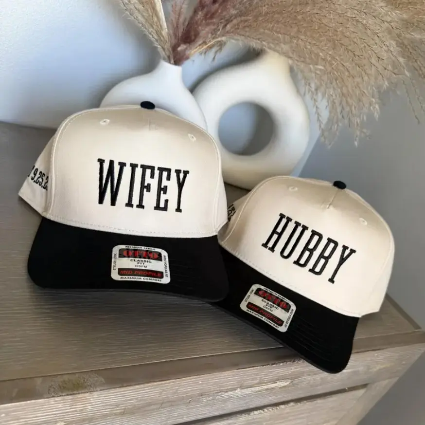 Wifey Hubby Couples Embroidered Hat Matching Two Tone Baseball Cap Husband & Wife Gif Custom Thread Colors