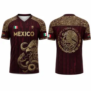 2026 Mexico Burgundy Short Sleeve Sports T-Shirt for Men, Gold Eagle Snake Graphic Tee, Aztec Heritage Print, Mexican Flag Detail, Estados Unidos Mexicanos Back Design, Casual Athletic Top