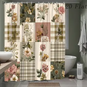 Retro Plant Flower Patch Shower Curtain - Elegant Flower Bath Divider with Hooked Shower Curtain, Washable and Dried, Suitable for Elegant Aesthetics, 2D Flat