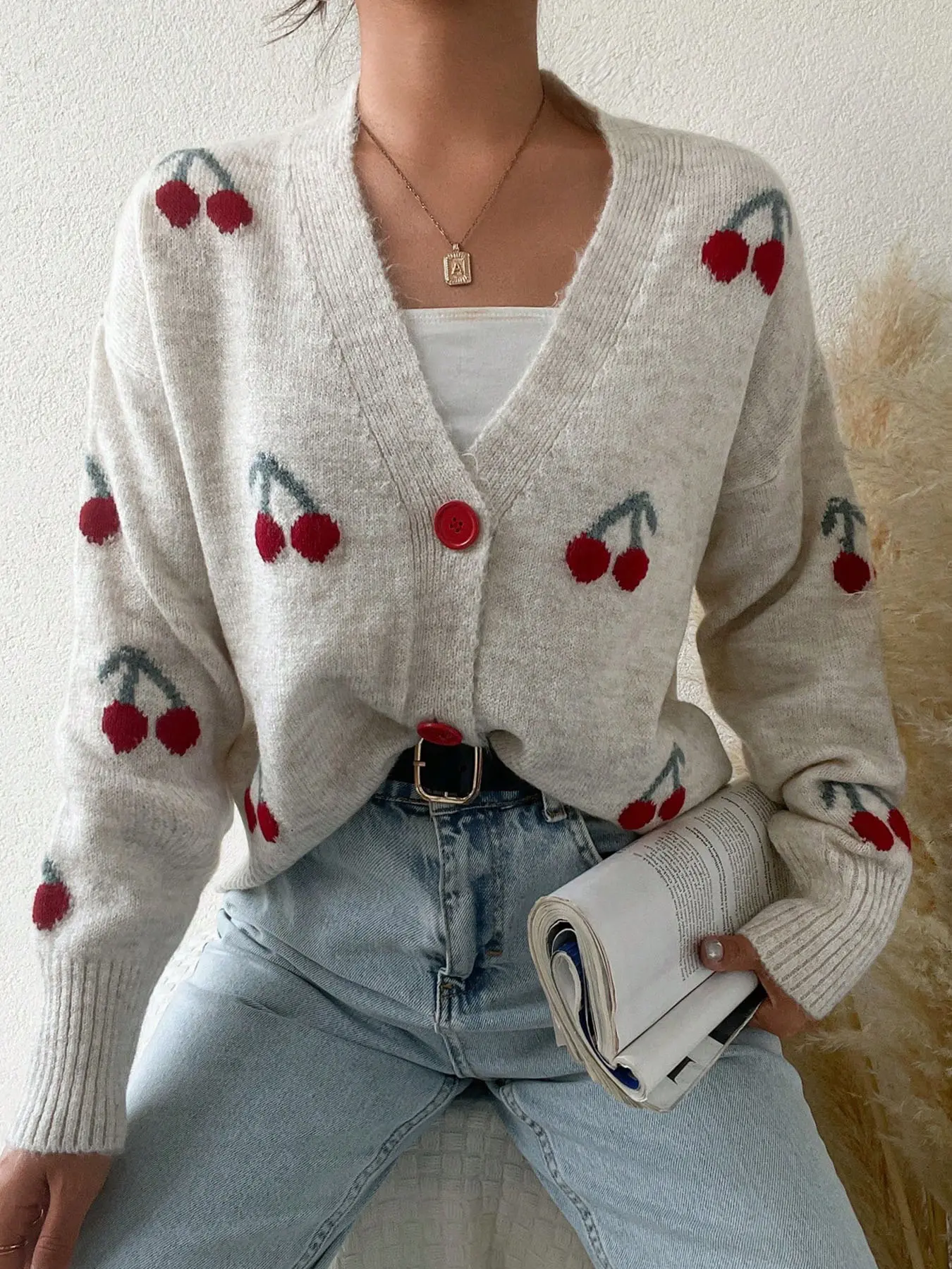 Women's V Neck Loose-Fit Long Sleeve Sweater, Cute Floral Cherry Pattern Button Front Cardigan, Fall & Winter Moderate Fabric Knitted Top, Cozy Knitwear, Casual Knit Tops, Knitwear Womenswear Casual Knitting Lady, Button Cardigans