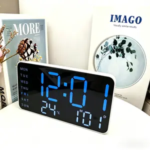 White Shell Color Large Digital Alarm Clock with Temperature for Bedroom, Temperature Date & Weekday Display, Adjustable Brightness & Volume, Desk or Wall Mountable, Modern Home & Office Clock