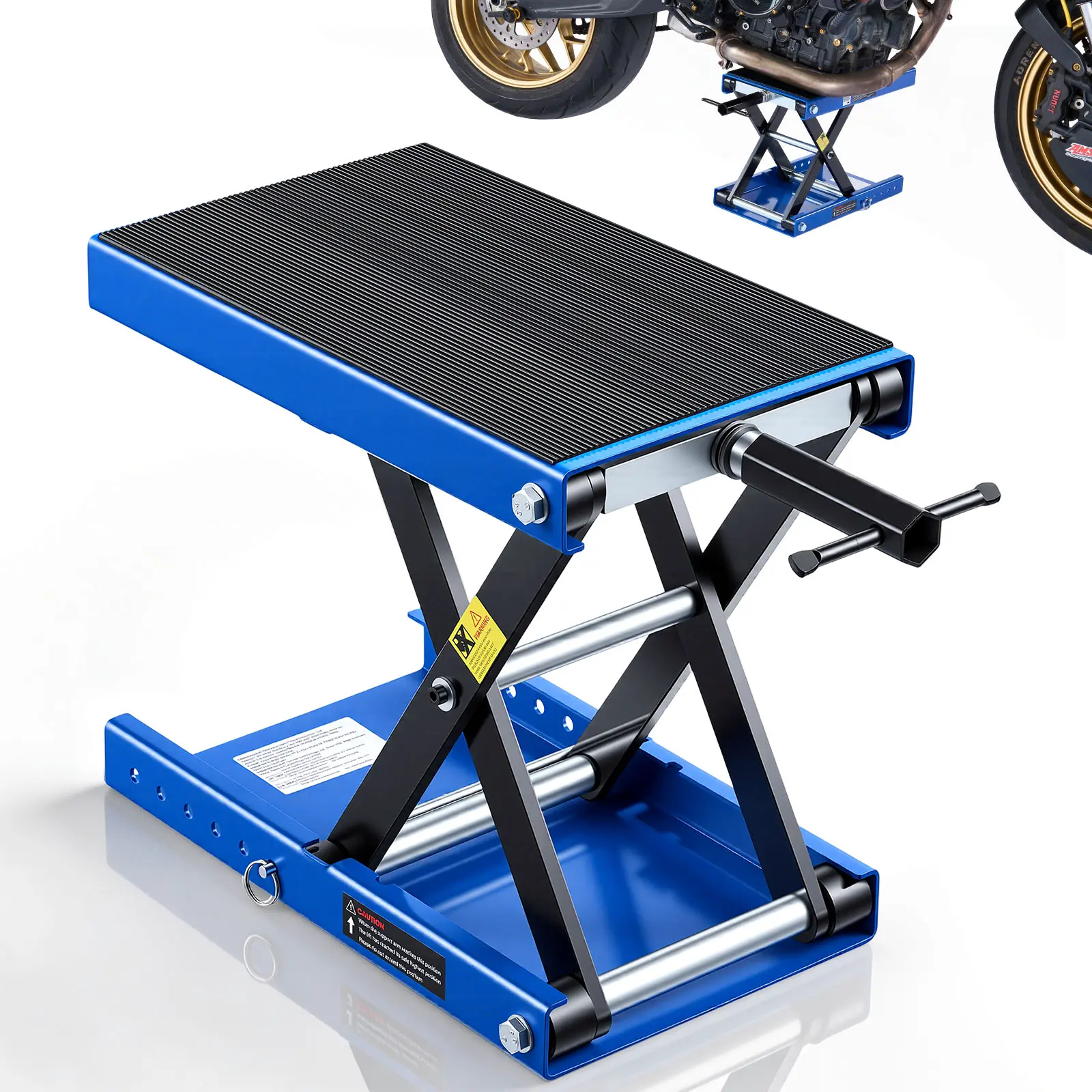 【summerfinds】VEVOR 1100lb Steel Frame Motorcycle Lift Jack, Folding, 3.74"-13.38" Height, Center Hoist Crank Stand with Wide Deck & Lock Pin, Compact Storage, for Street Bikes/Cruisers, Blue/Black, Father's Day Gift for Cleaning Tasks, Adjustable Height,,