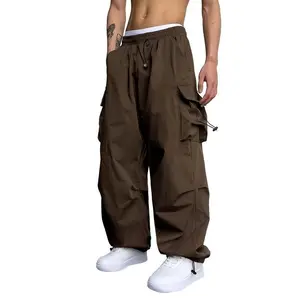 Men's Brown Parachute Cargo Pants - Loose Fit, Y2K Style with Drawstring Waist & Multi-Pocket Design, Durable Polyester, Machine Washable for Casual Outdoor Wear, Parachute Pants