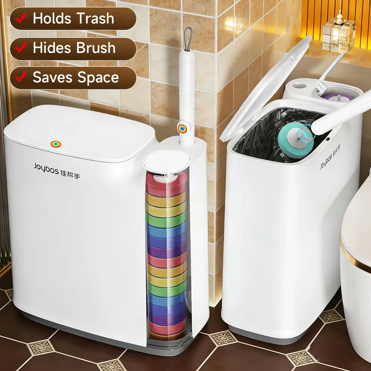 Joybos 2-in-1 Plastic (ABS, PP) Bathroom Trash Can with Press-Open Lid - 7.7L, 8.5x4.88x12.56"/14.17x6.93x12.56" Slim White, Removable Liner, Disposable Toilet Brush System, Waterproof, Tidy-Maintaining, Ideal for RVs