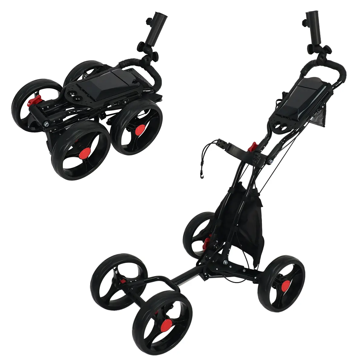 Aluminum Golf Cart, Lightweight 4-Wheel Golf Push Cart with Functional Storage Tray & Umbrella Holder
