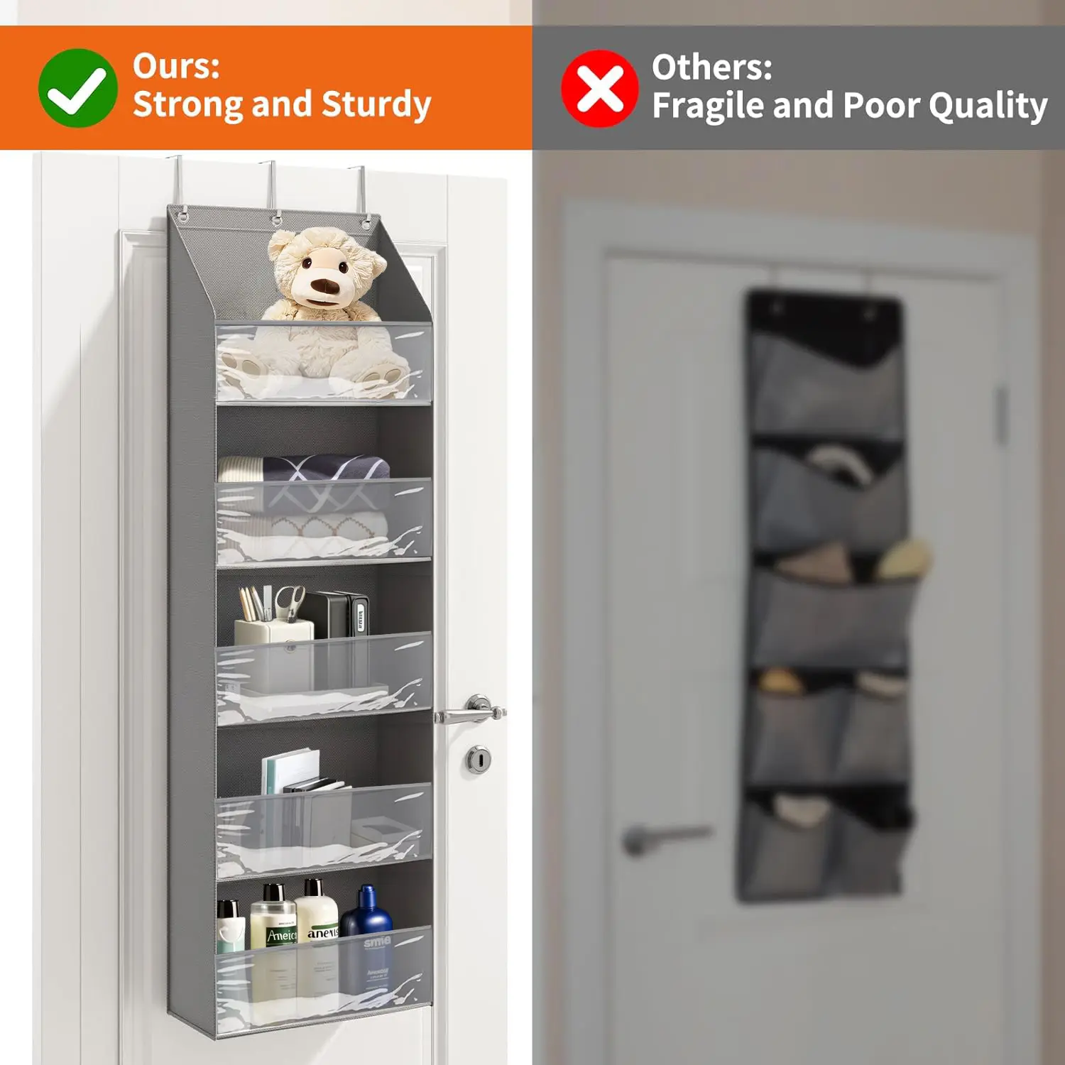 Over the Door Organizer Storage - 5- Tier Hanging Organizer with 5 Large Pockets, Anti-Tilt Design, 44 lb Capacity for Bedroom, Bathroom, Pantry, Perfect for Room Décor and Gifts.