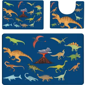Khelo Jurassic World Dinosaurs 3 Piece Mat Set - U Shaped Toilet Rug, Sink Tub Shower Bath Mats - Non Slip, Ultra Absorbent, Washable - Kids Bathroom Decor - Bathmat Sets for Kids