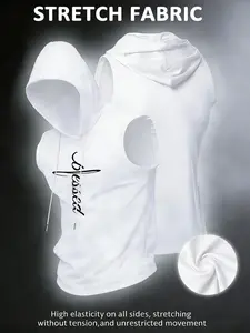 Men's Sleeveless Hoodie Gym Vest, Blessed Vertical Cross Handwritten Print, High Stretch Breathable Fabric, Casual Faith Design, Athletic Hoodie