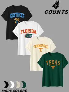 Men's 4 Pack College Team Graphic T-Shirts, Retro Style Kentucky Florida Tennessee Texas Tees for Casual Wear and Sports Events