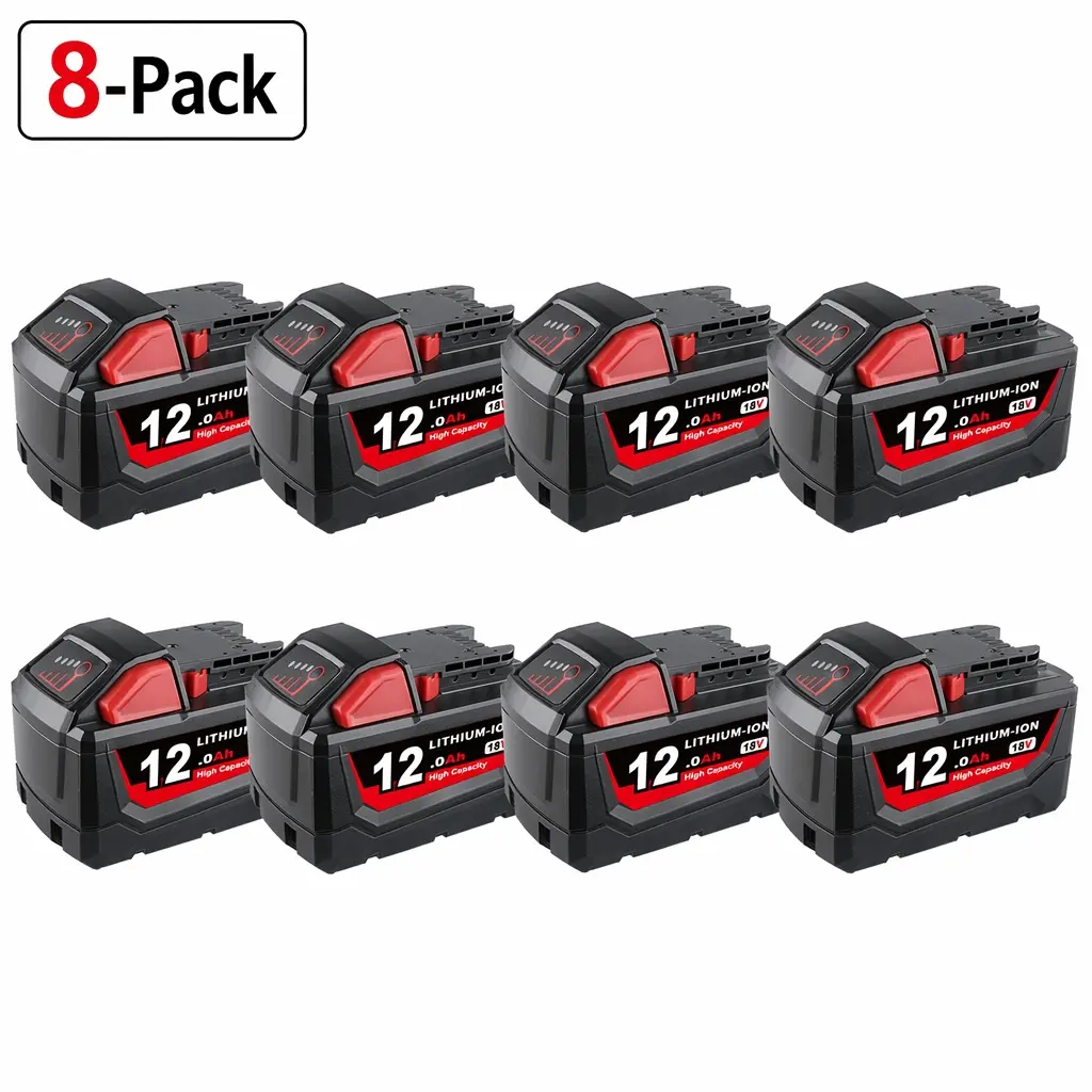 8-Pack 18V 12.0Ah Lithium-Ion Replacement Batteries - M18 Compatible, Overheat Safe for Longer Jobs, Rechargeable Packs for Milwaukee Cordless Power Tools, 12.0Ah Capacity