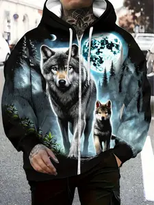 Men's Fashionable 3D Printed Outdoor Hoodie with Animal Wolf Pattern, Street Style Hoodie with Hood and Front Pocket, Designer Hoodie