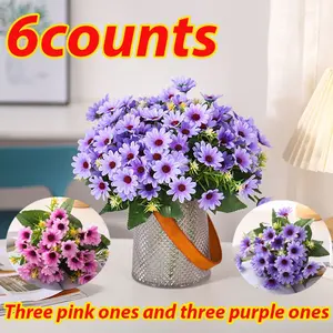 6pcs Artificial Daisy Flower Bouquet, Vibrant & Fake Flowers with Leaves, Durable Plastic Outdoor/indoor Decor