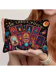Compact, Stylish Tarot & Astrology Organizer Pouch - Vibrant Tarot Card Design, Durable Polyester Travel Makeup Bag, Cosmetic Pouch, Black, Perfect Gift for Men and Women, Ideal for Daily Use or Travel, Daily Cosmic Makeup Pouch