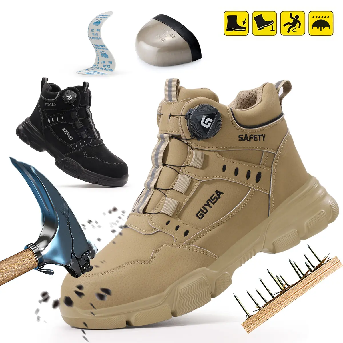 <GUYISA> Smart Buckle Safety Shoes, High Top Work Boots, Work Safety Footwear, Work Protective Shoes, Worker, Anti-Compression, Steel Toe, Kevlar Sole, Ideal for Heavy Industry, Shipbuilding, Mining